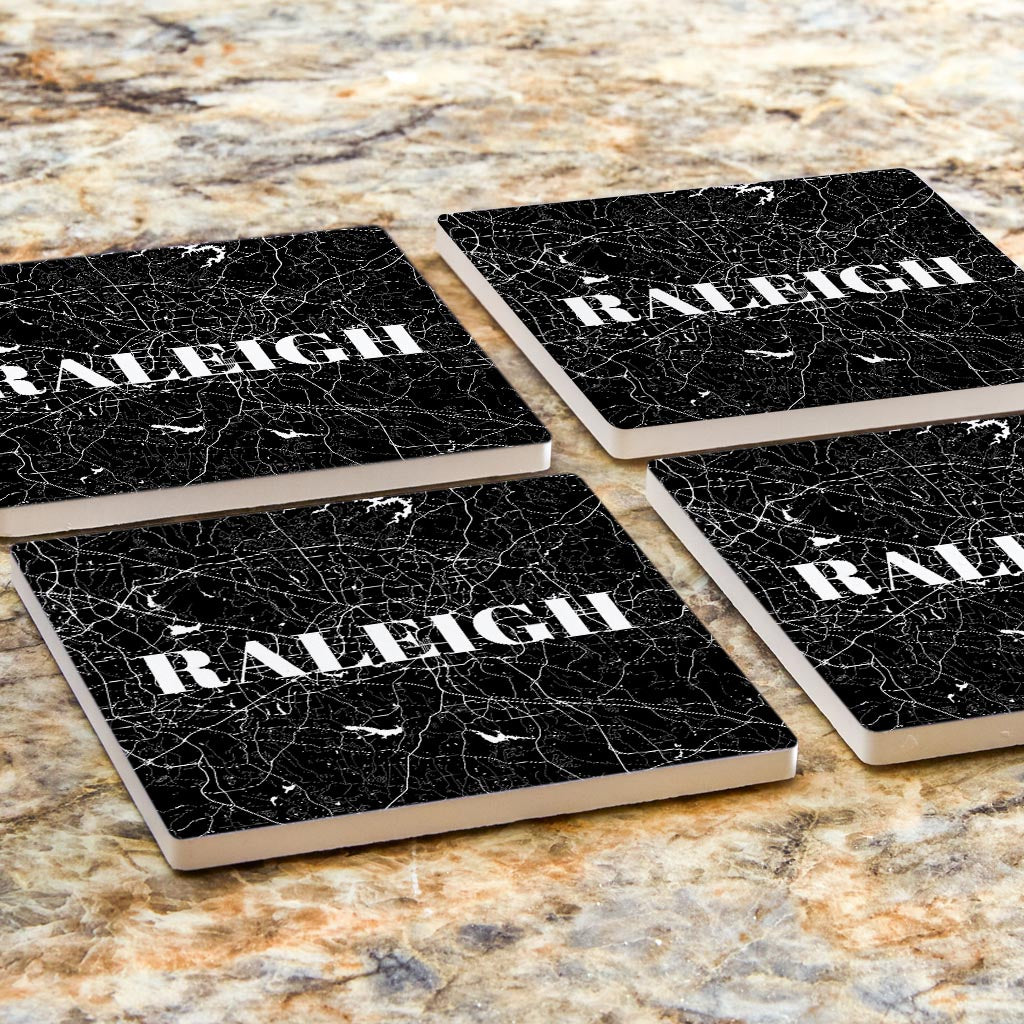 Minimalistic B&W North Carolina Raleigh Map | Absorbent Coasters | Set of 4 | Min 2