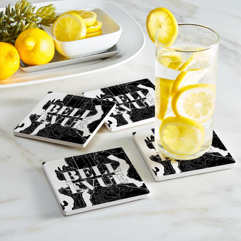 Minimalistic B&W Washington Bellevue Map | Absorbent Coasters | Set of 4 | Min 2