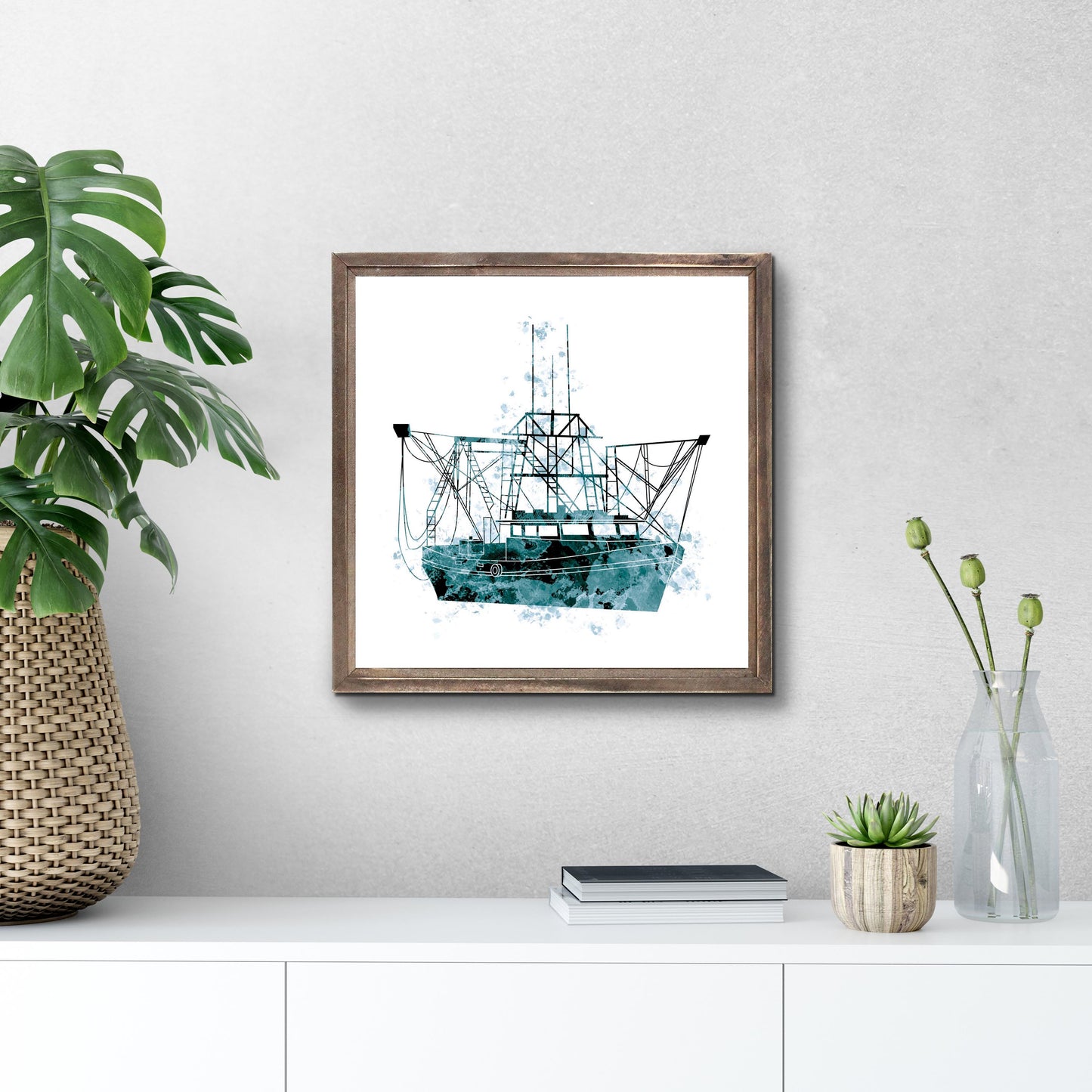 Blue White Water Color Shrimp Boat | Wood Sign | Eaches | Min 1