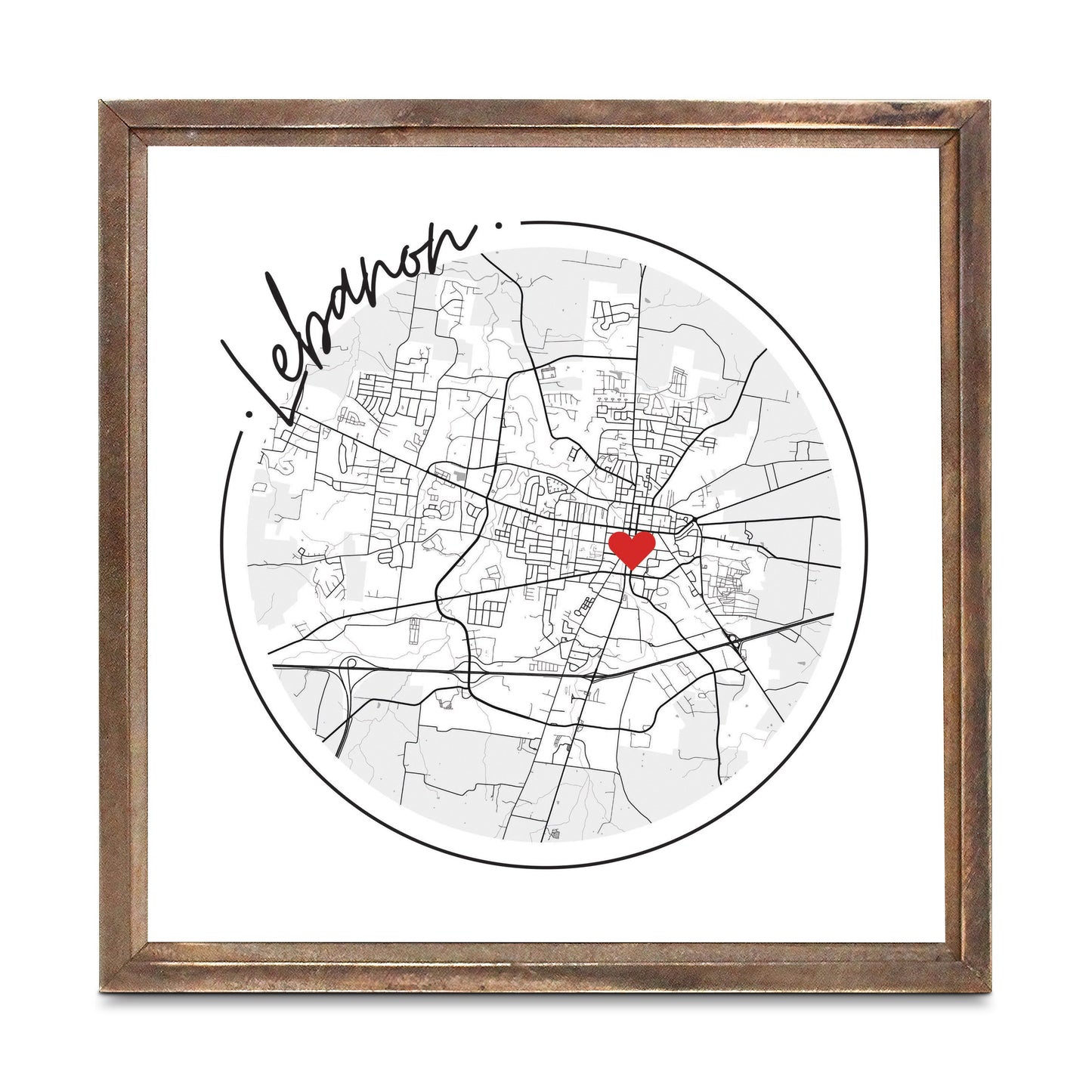 Minimalist B&W Tennessee Lebanon Circle Map Heart | Wood Sign | Eaches | Min 1