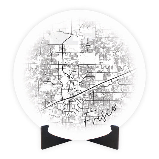 Minimalistic B&W Texas Frisco Circle Map | Wood Sign | Eaches | Min 1