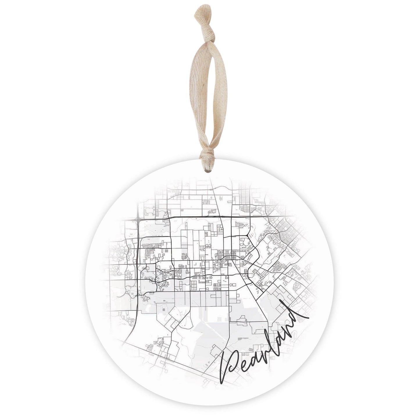 Minimalistic B&W Texas Pearland City Circle Map | Wood Ornament | Eaches | Min 1