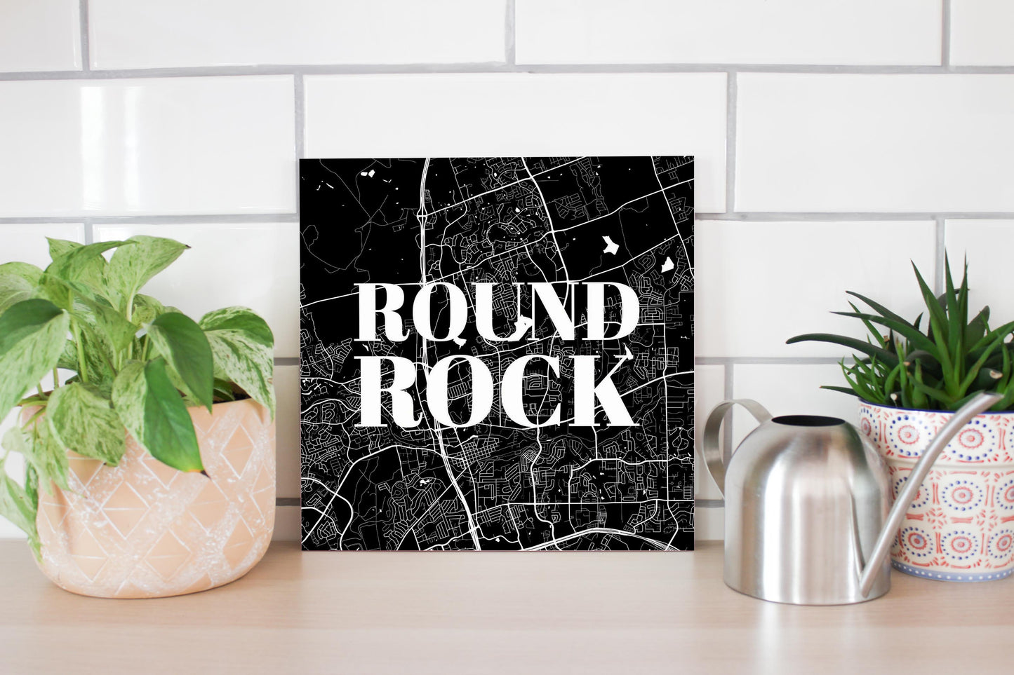 Minimalistic B&W Texas Round Rock Map | Wood Sign | Eaches | Min 2