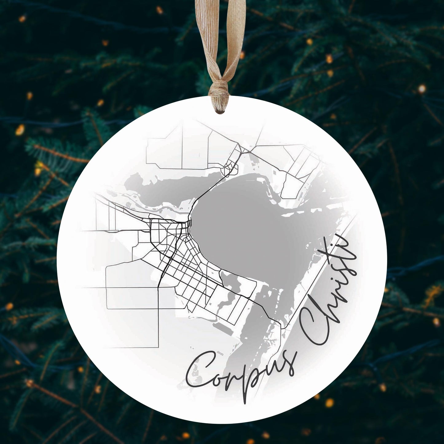 Minimalistic B&W Texas Corpus Christi Circle Map | Wood Ornament | Eaches | Min 1