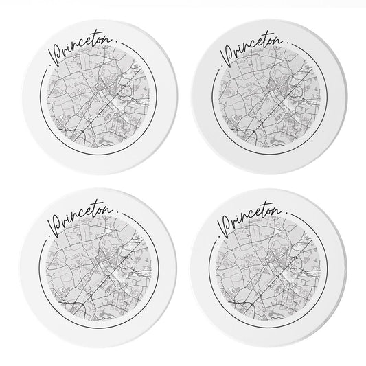 Minimalistic B&W New Jersey Princeton Circle Map | Absorbent Coasters | Set of 4 | Min 2