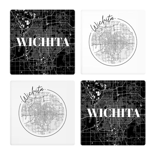 Minimalist B&W Kansas Wichita Maps | Absorbent Coasters | Set of 4 | Min 2