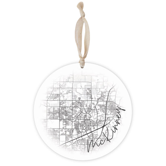 Minimalistic B&W Texas Mckinney Circle Map | Wood Ornament | Eaches | Min 1