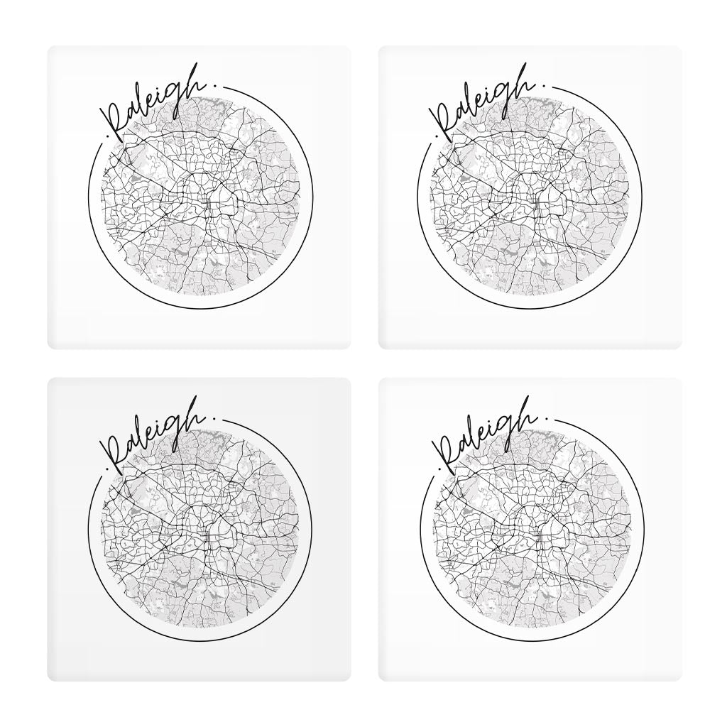 Minimalistic B&W North Carolina Raleigh Circle Map | Absorbent Coasters | Set of 4 | Min 2