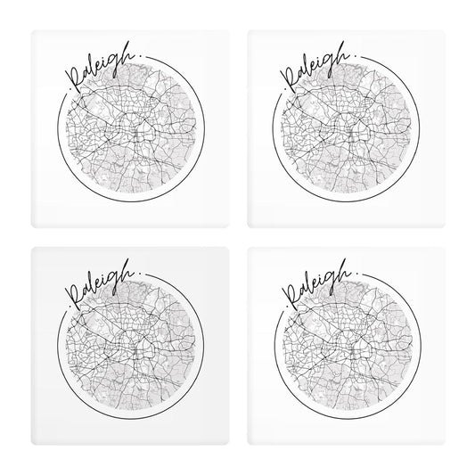 Minimalistic B&W North Carolina Raleigh Circle Map | Absorbent Coasters | Set of 4 | Min 2