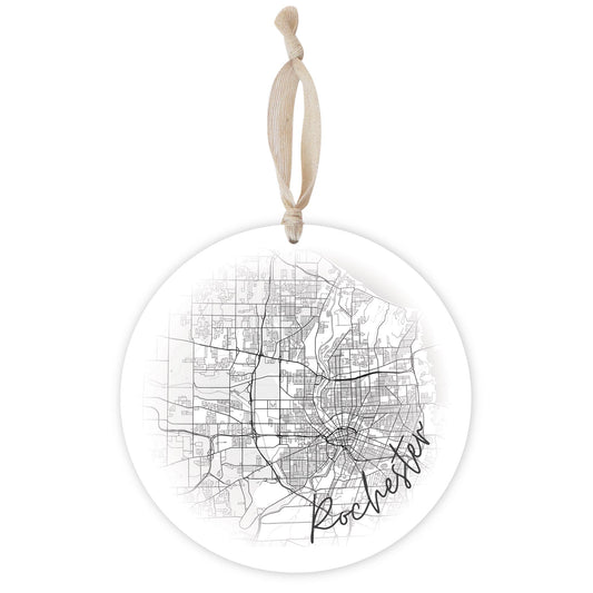 Minimalistic B&W New York Rochester Faded Circle Map | Wood Ornament | Eaches | Min 1