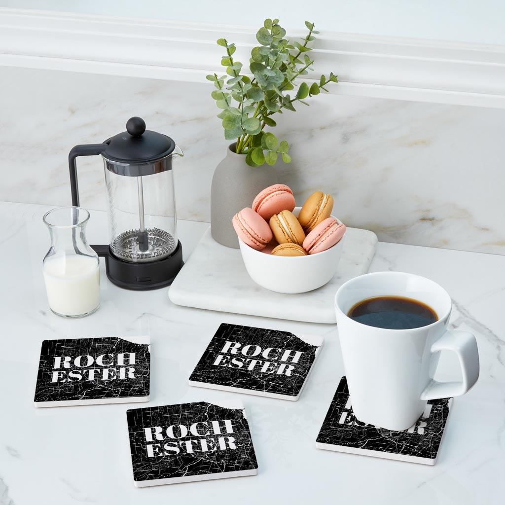 Minimalistic B&W New York Rochester Map | Absorbent Coasters | Set of 4 | Min 2