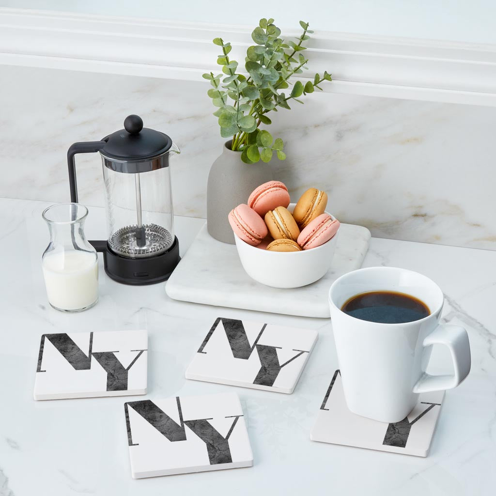 Minimalistic B&W New York White Initials | Absorbent Coasters | Set of 4 | Min 2