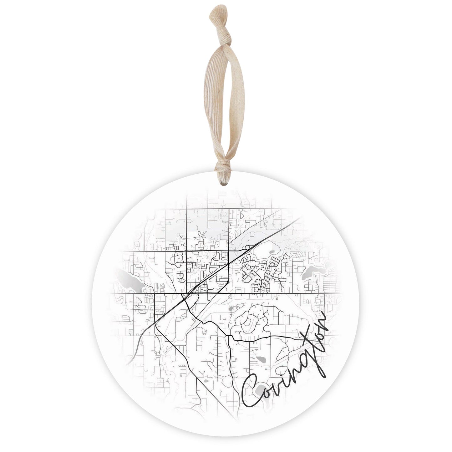 Minimalistic B&W Washington Covington Circle Map | Wood Ornament | Eaches | Min 1