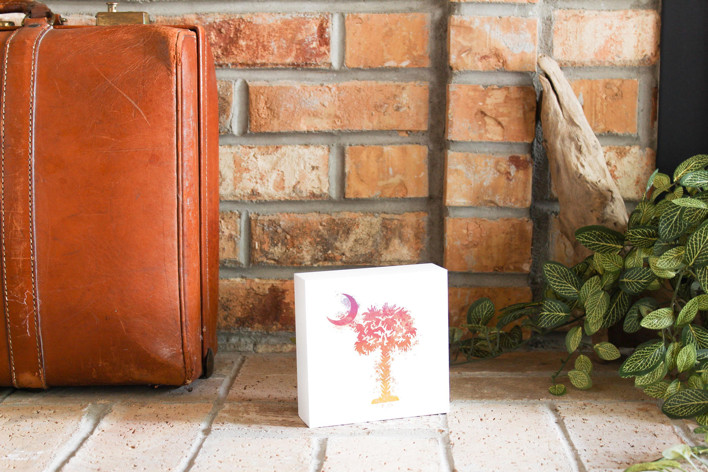 South Carolina Pink Water Color Palm Trees On White | Wood Block | Eaches | Min 4