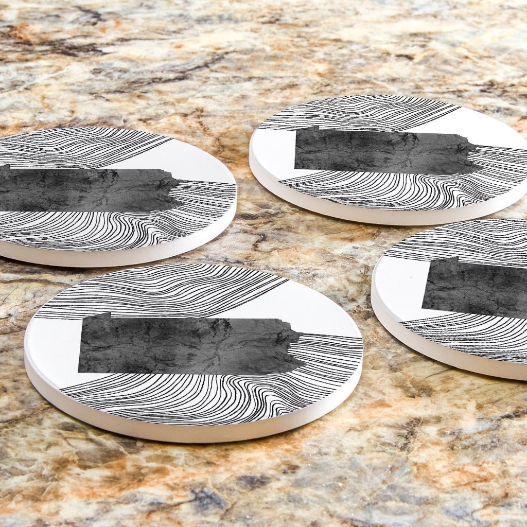 Minimalistic B&W Pennsylvania Shape Fluid Lines | Absorbent Coasters | Set of 4 | Min 2