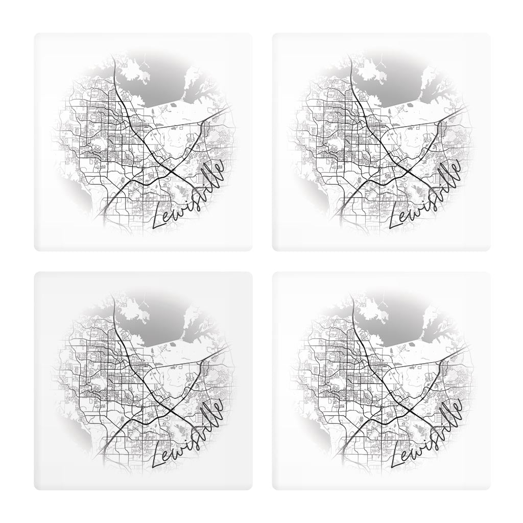 Minimalistic B&W Texas Lewisville Circle Map| Absorbent Coasters | Set of 4 | Min 2