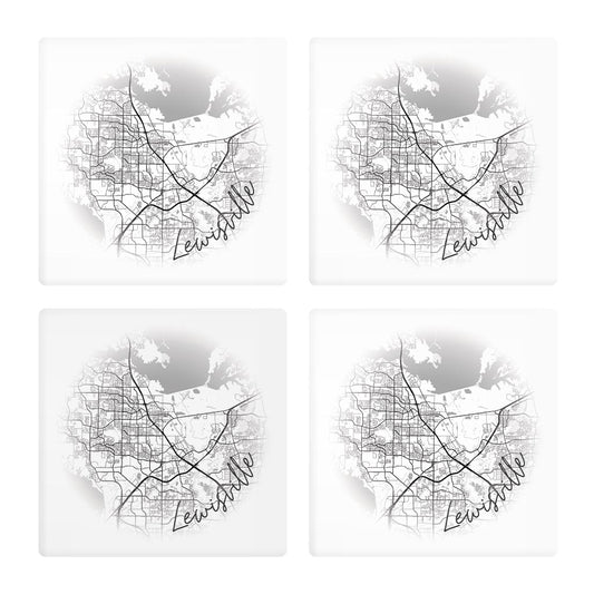 Minimalistic B&W Texas Lewisville Circle Map| Absorbent Coasters | Set of 4 | Min 2