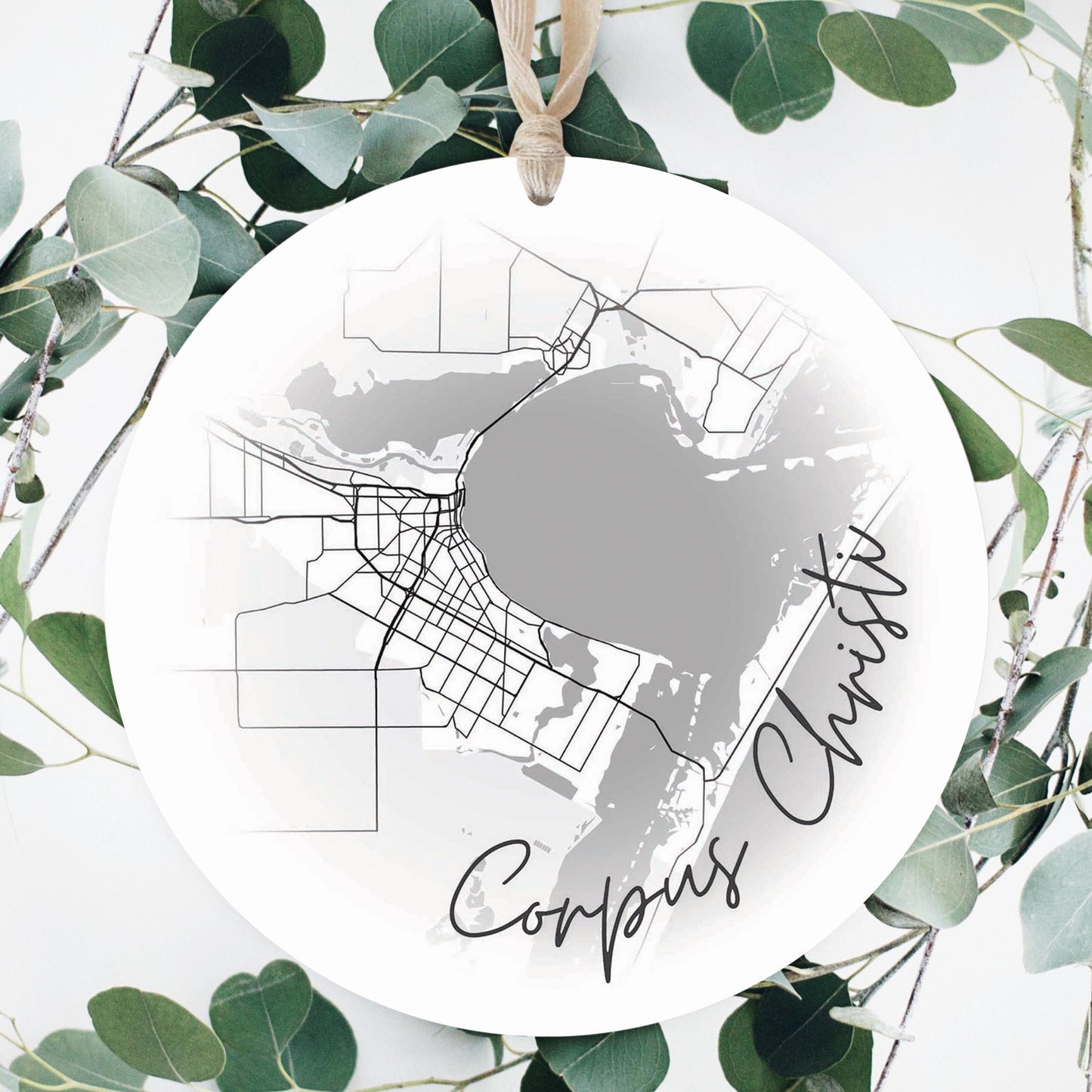 Minimalistic B&W Texas Corpus Christi Circle Map | Wood Ornament | Eaches | Min 1