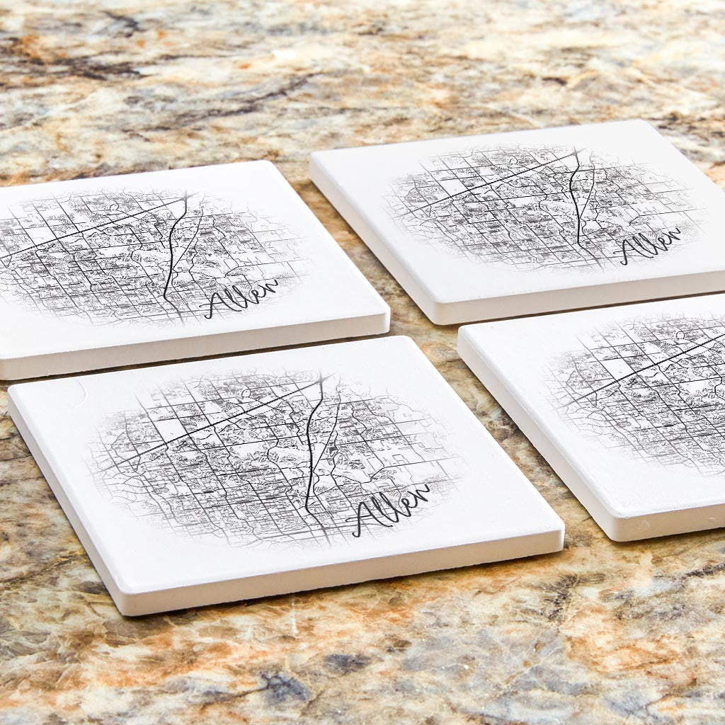 Minimalistic B&W Texas Allen Circle Map | Absorbent Coasters | Set of 4 | Min 2