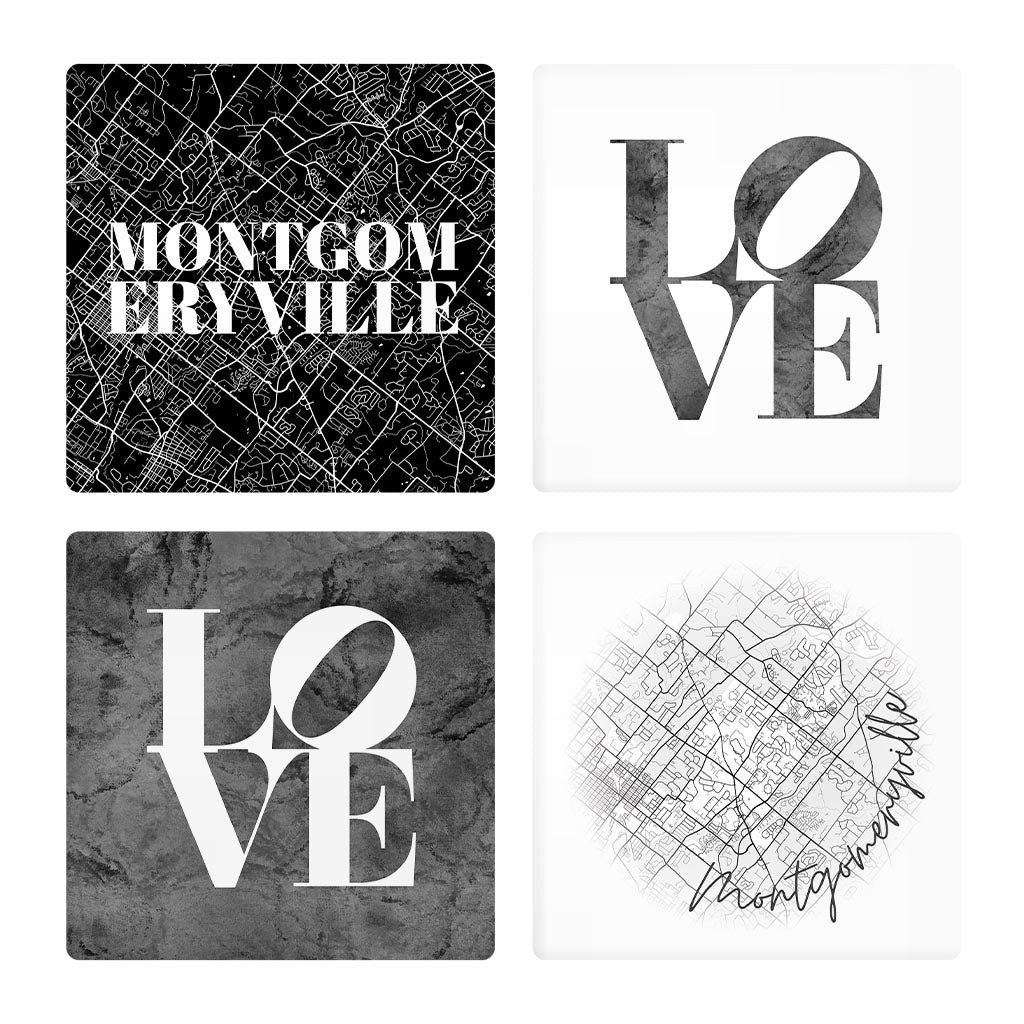 Minimalistic B&W Pennsylvania Montgomeryville Maps Love | Absorbent Coasters | Set of 4 | Min 2