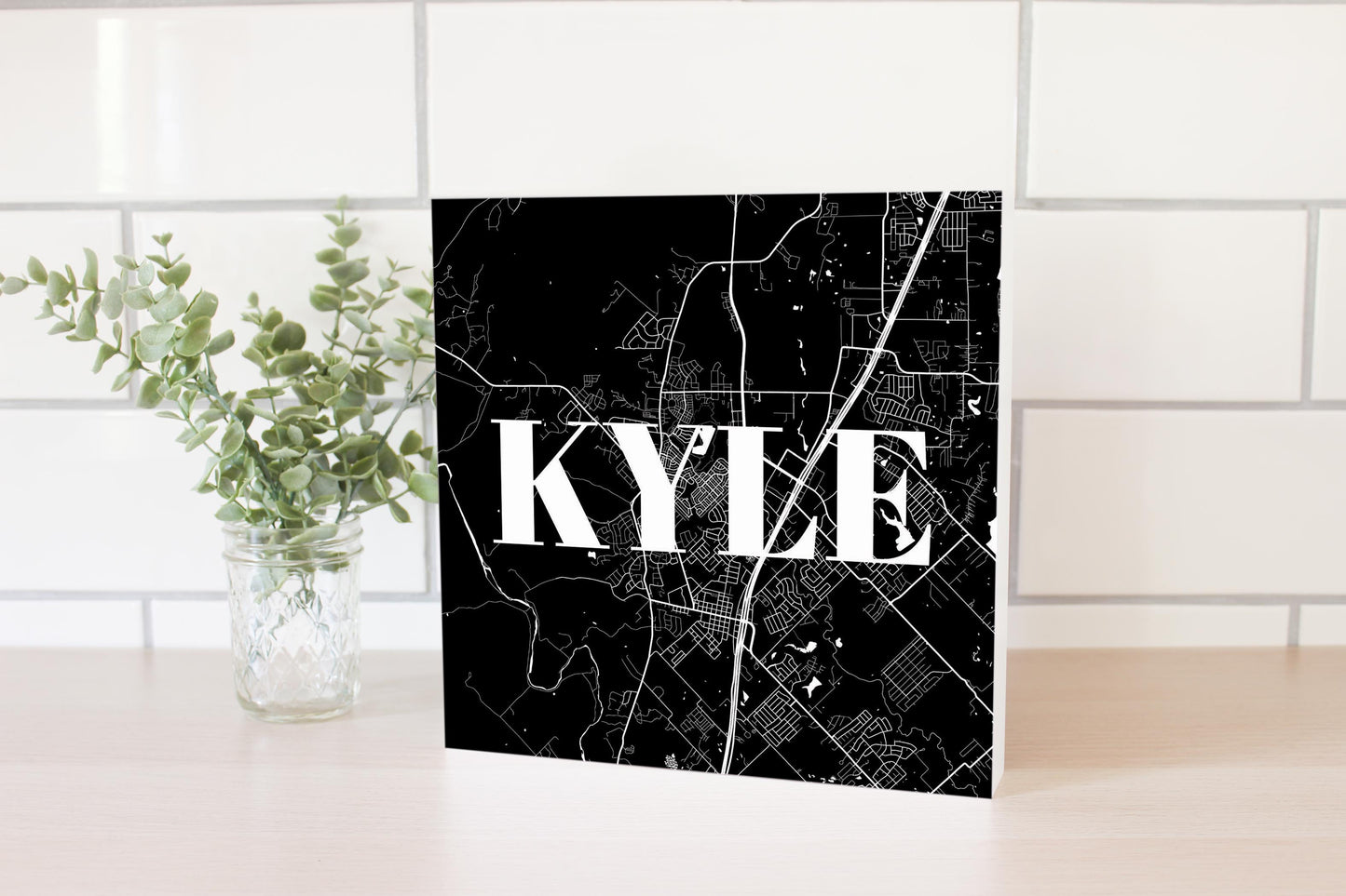 Minimalistic B&W Texas Kyle Map | Wood Block | Eaches | Min 2