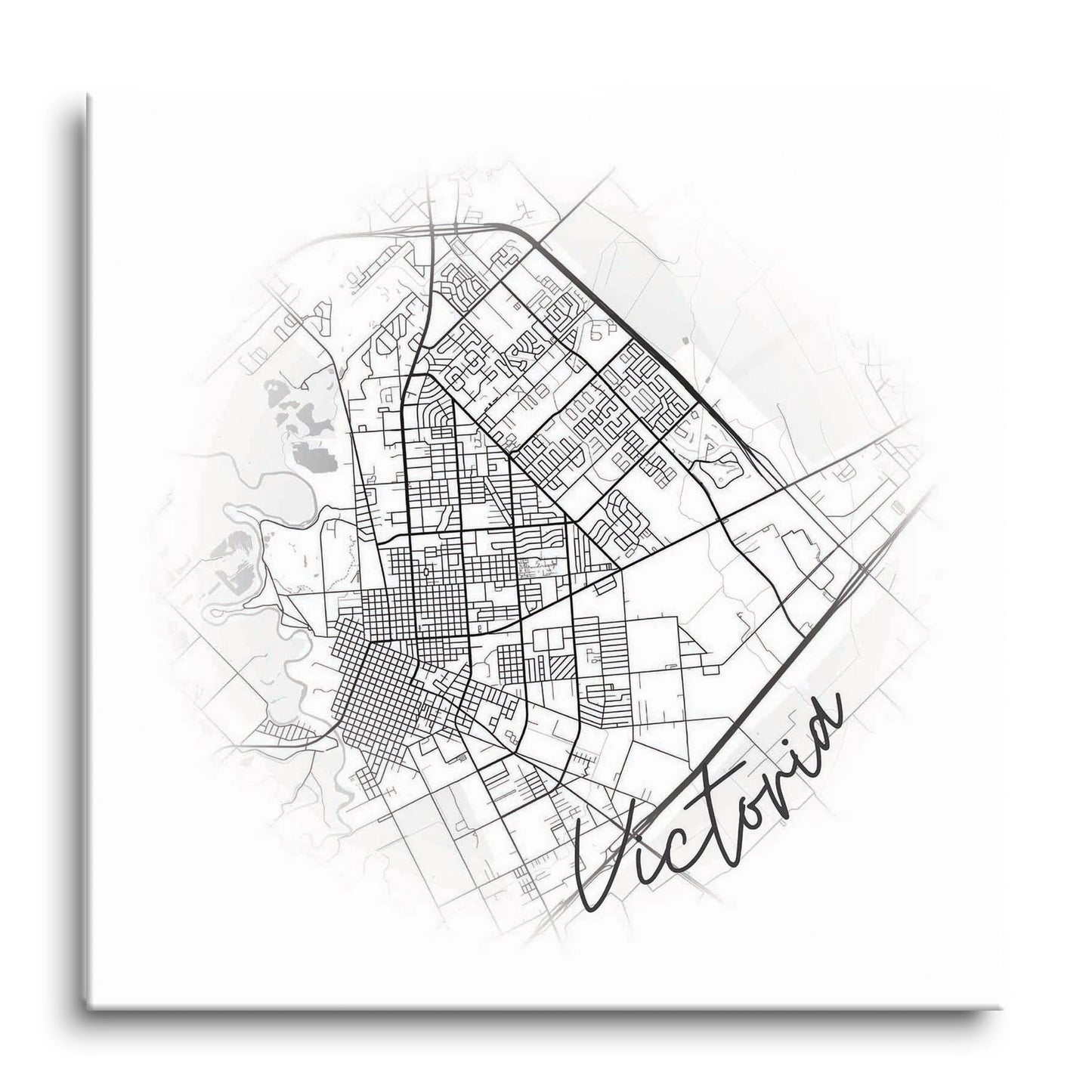 Minimalistic B&W Texas Victoria Circle Map | Hi-Def Glass Art | Eaches | Min 1