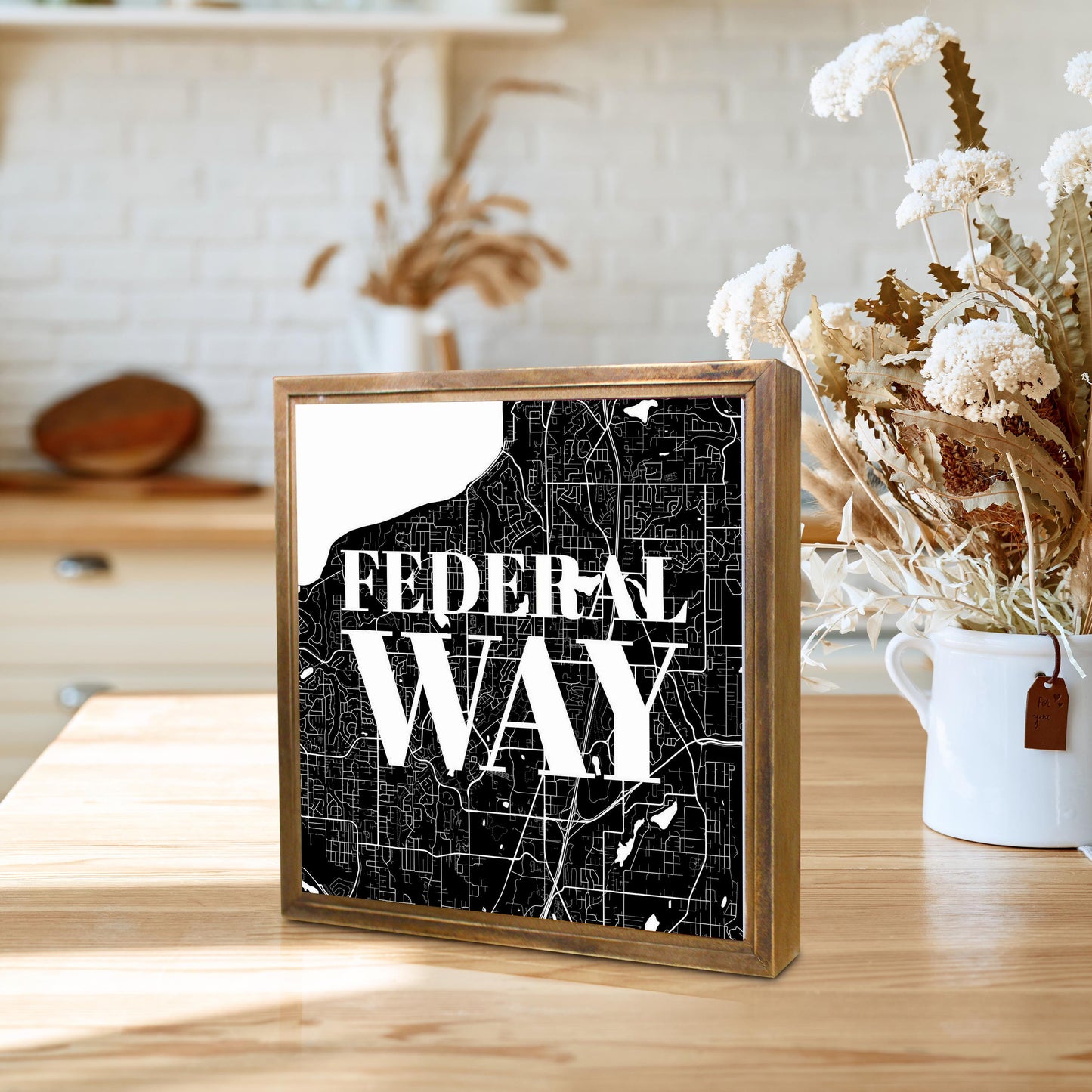 Minimalistic B&W Washington Federal Way Map | Wood Sign | Eaches | Min 1