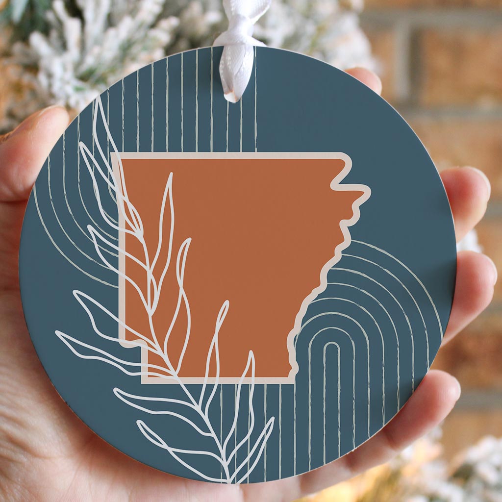 Modern Minimalist Arkansas State Shape With Leaf | Wood Ornament | Eaches | Min 6