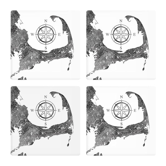 Minimalistic B&W Cape Cod Map With Compass | Absorbent Coasters | Set of 4 | Min 2