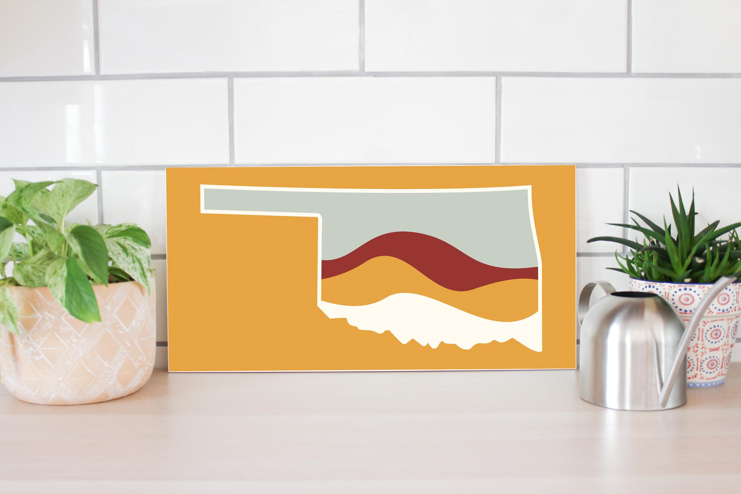 Modern Minimalist Oklahoma Orange Retro State Shape With Hills | Wood Sign | Eaches | Min 2