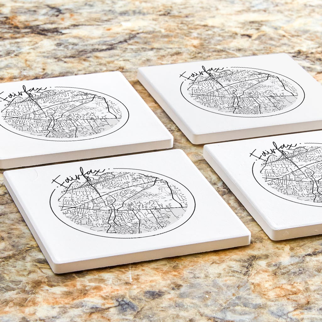 Minimalistic B&W Virginia Fairfax Circle Map | Absorbent Coasters | Set of 4 | Min 2