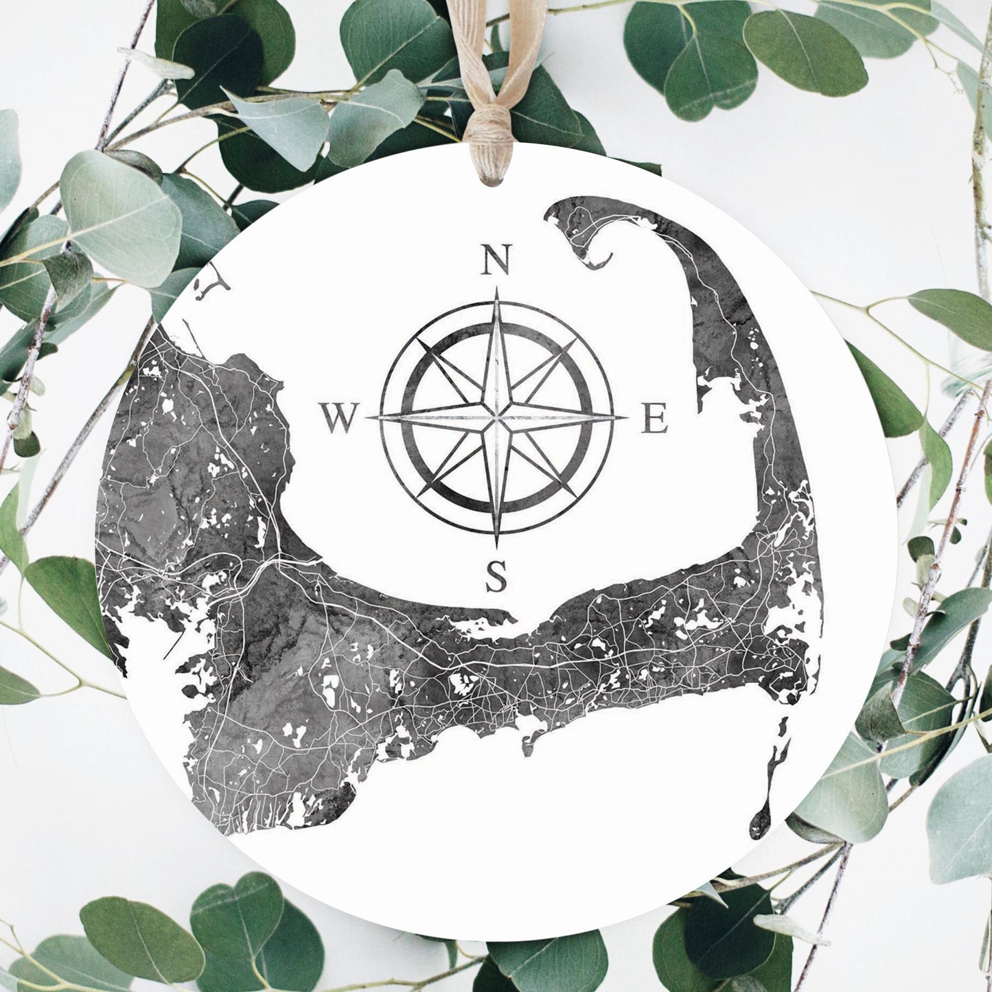 Minimalistic B&W Cape Cod Map With Compass | Wood Ornament | Eaches | Min 1