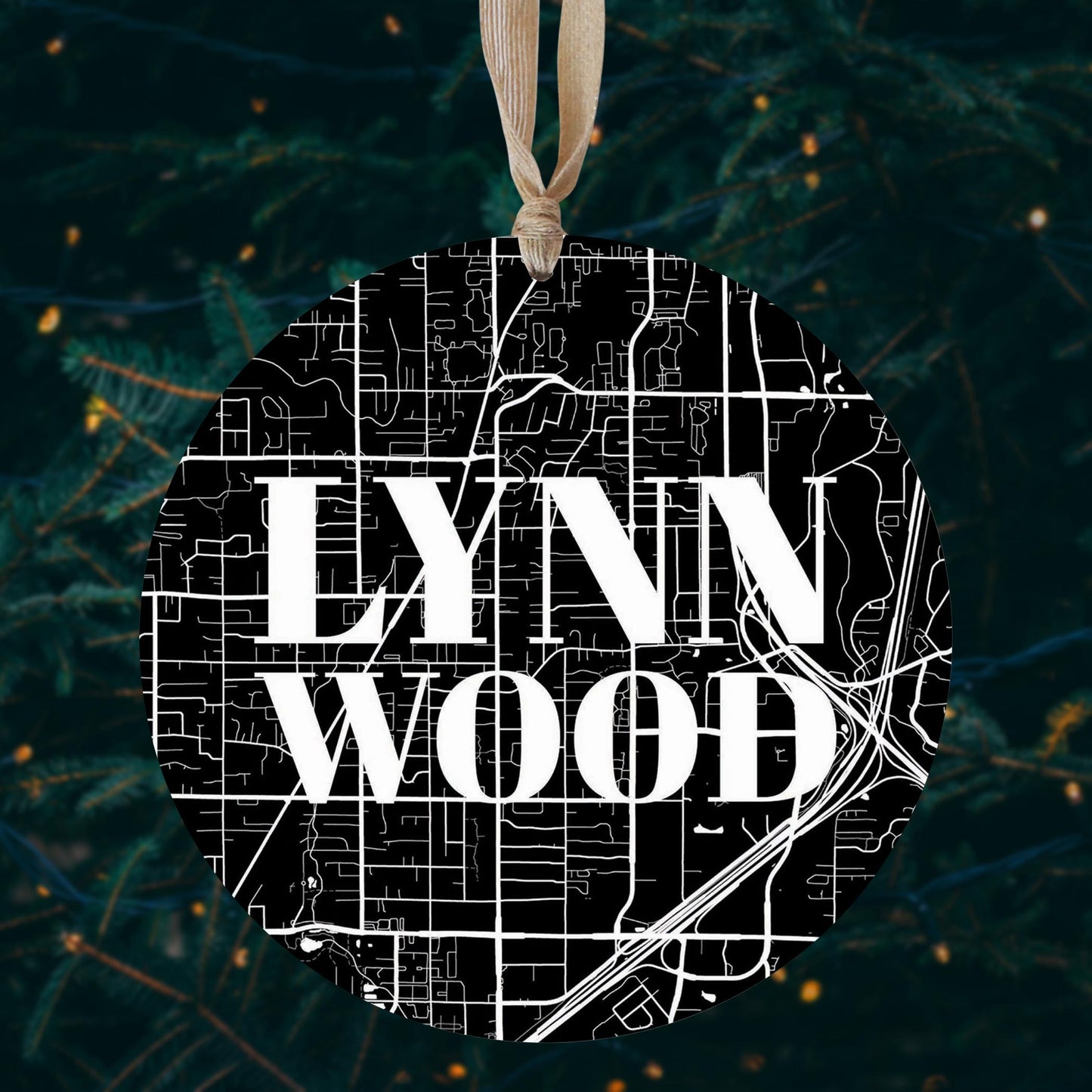 Minimalistic B&W Washington Lynnwood Map | Wood Ornament | Eaches | Min 1