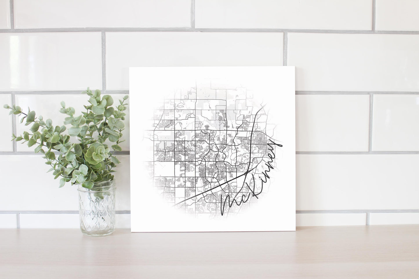 Minimalistic B&W Texas Mckinney Circle Map | Wood Sign | Eaches | Min 2