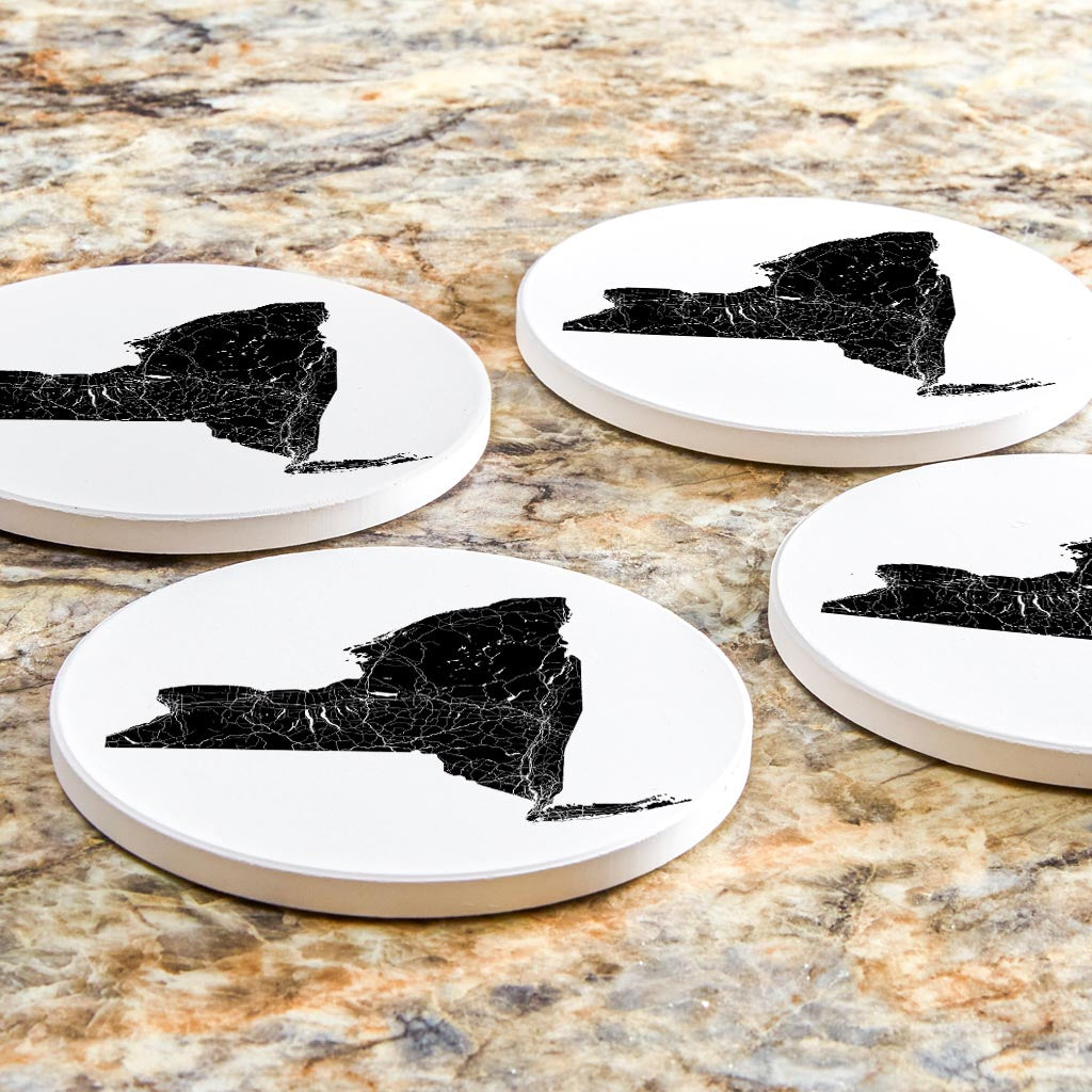 Minimalistic B&W New York State With Map | Absorbent Coasters | Set of 4 | Min 2