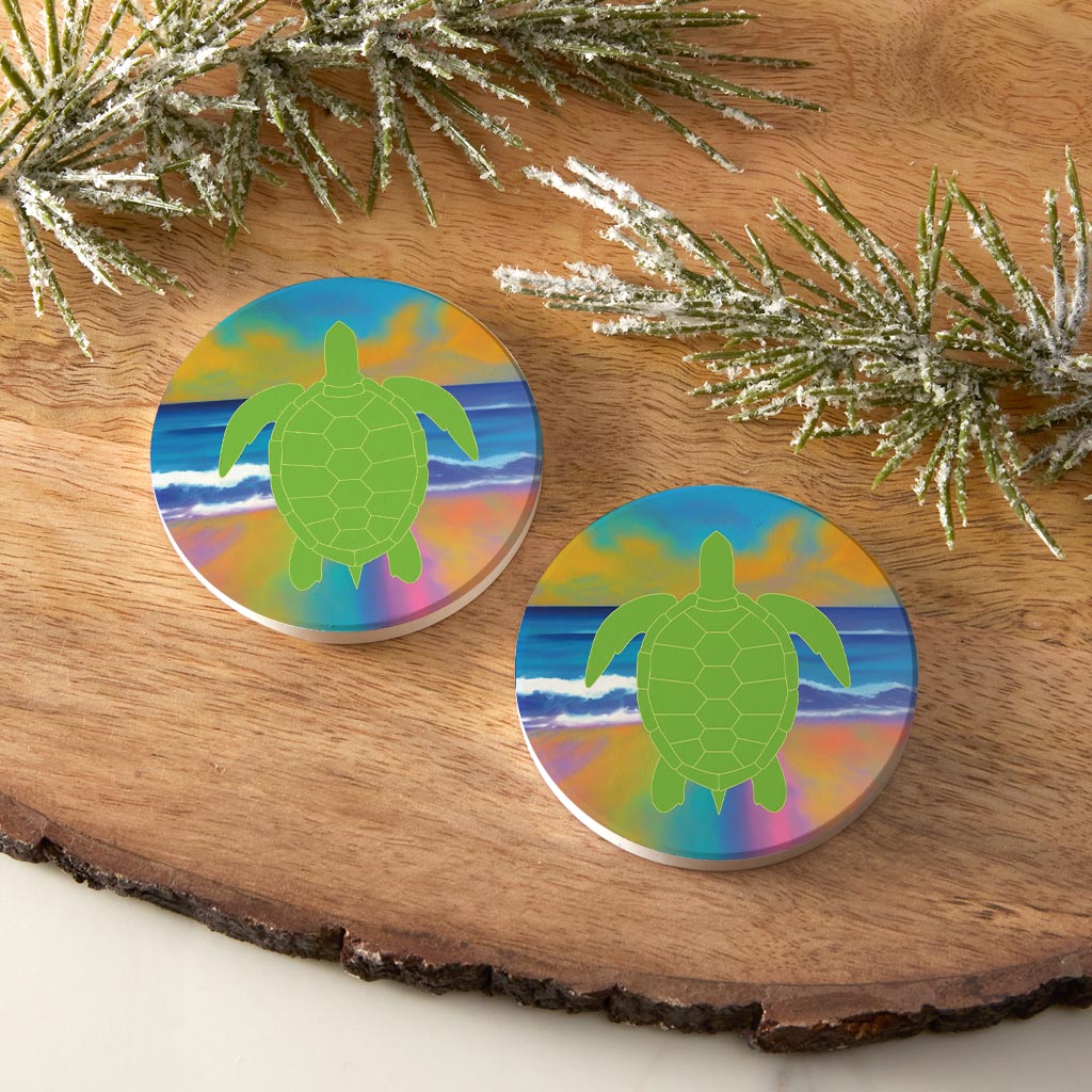 Florida Green Sea Turtle Icon | Absorbent Car Coasters | Set of 2 | Min 4