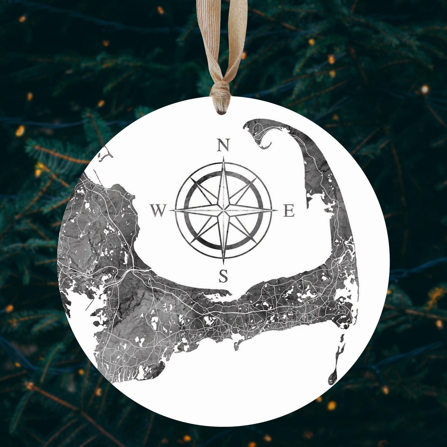 Minimalistic B&W Cape Cod Map With Compass | Wood Ornament | Eaches | Min 1