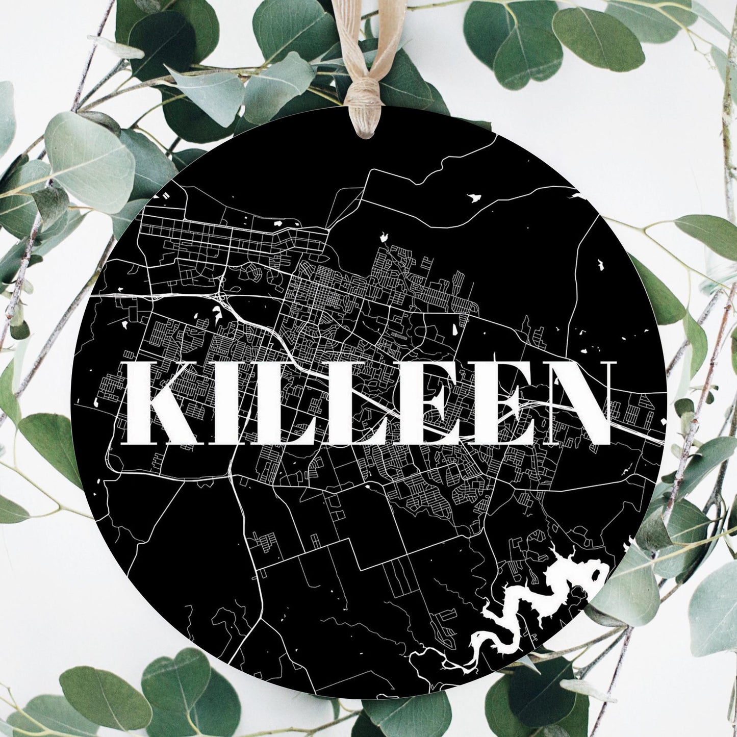 Minimalistic B&W Texas Killeen Map | Wood Ornament | Eaches | Min 1