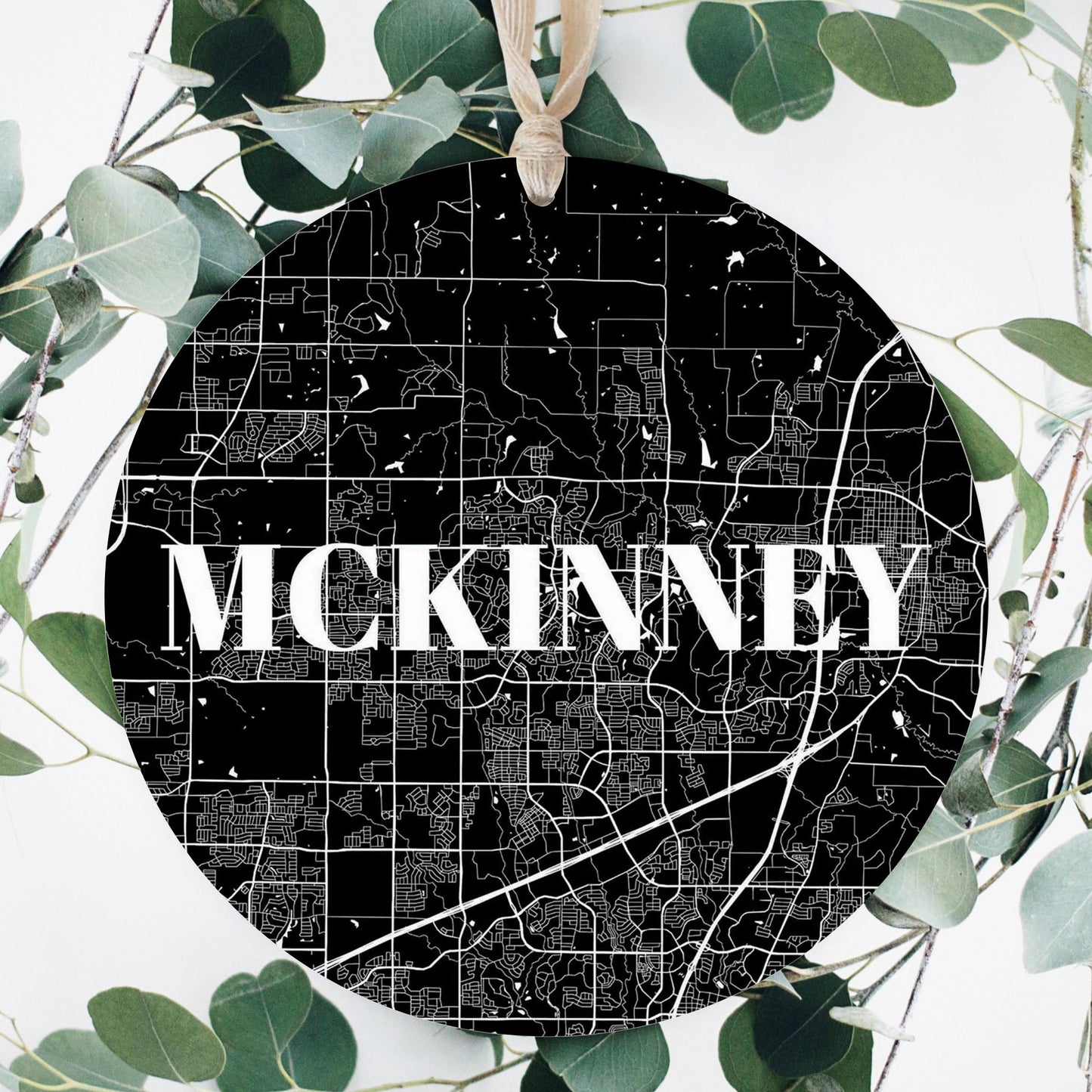 Minimalistic B&W Texas Mckinney Map | Wood Ornament | Eaches | Min 1