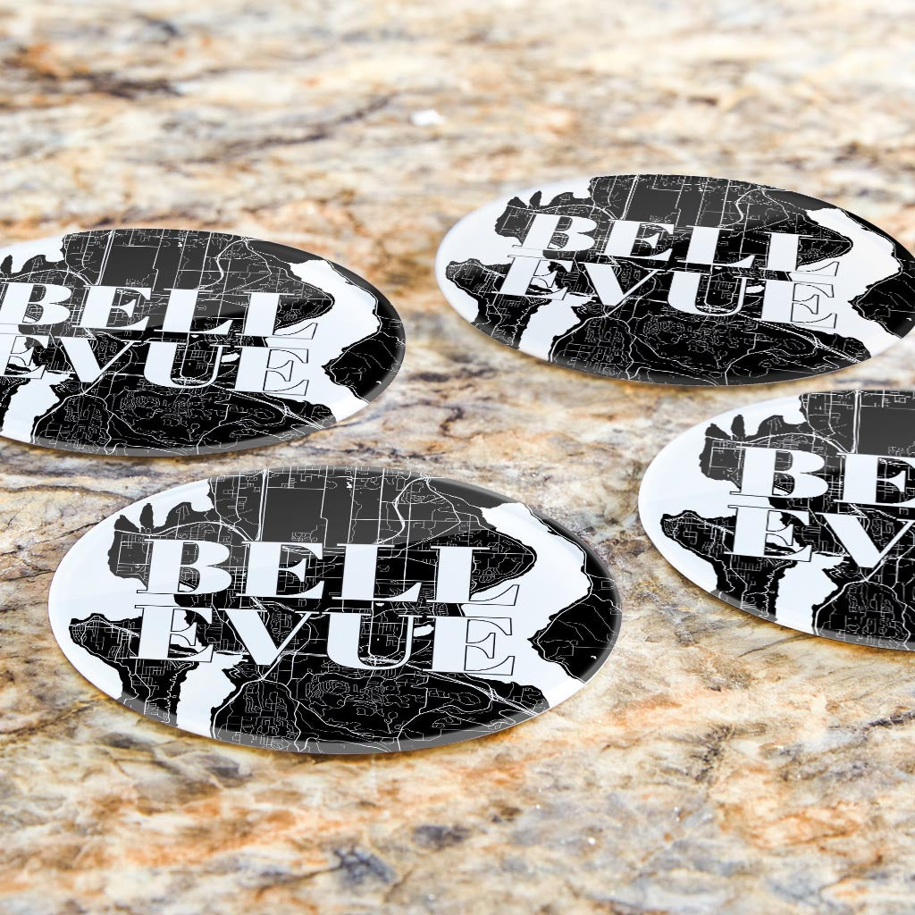 Minimalistic B&W Washington Bellevue Map | Hi-Def Glass Coasters | Set of 4 | Min 2