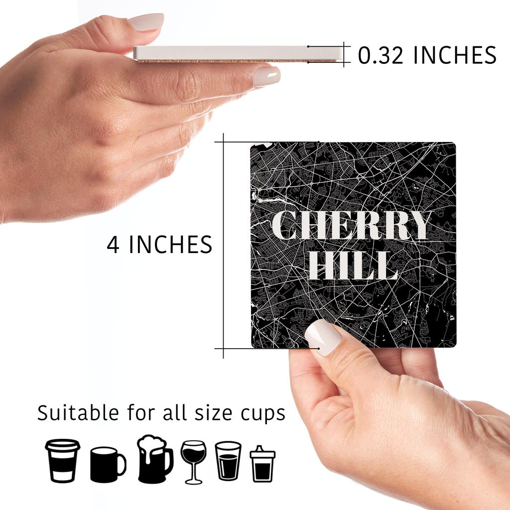 Minimalistic B&W New Jersey Cherry Hill Map | Absorbent Coasters | Set of 4 | Min 2