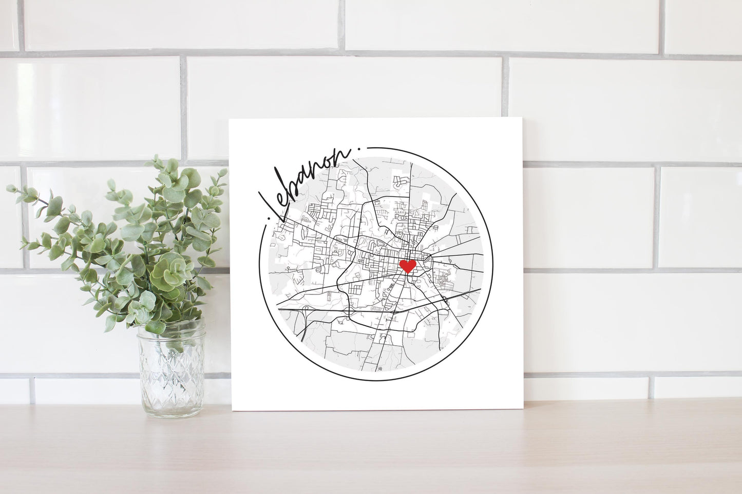 Minimalist B&W Tennessee Lebanon Circle Map Heart | Wood Sign | Eaches | Min 2