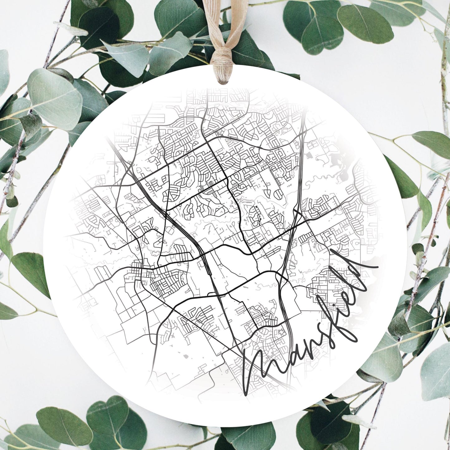 Minimalistic B&W Texas Mansfield Circle Map | Wood Ornament | Eaches | Min 1