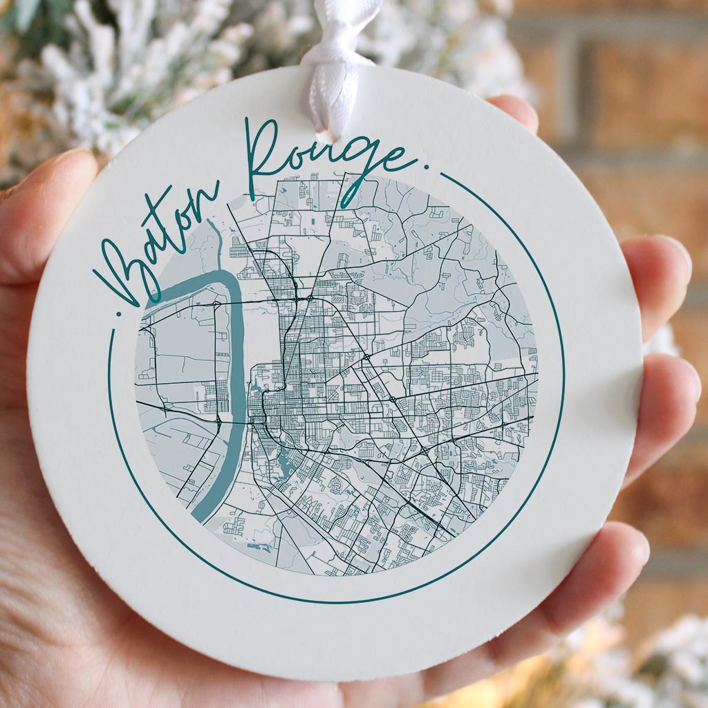 Blue White Baton Rouge Circle Map | Wood Ornament | Eaches | Min 6