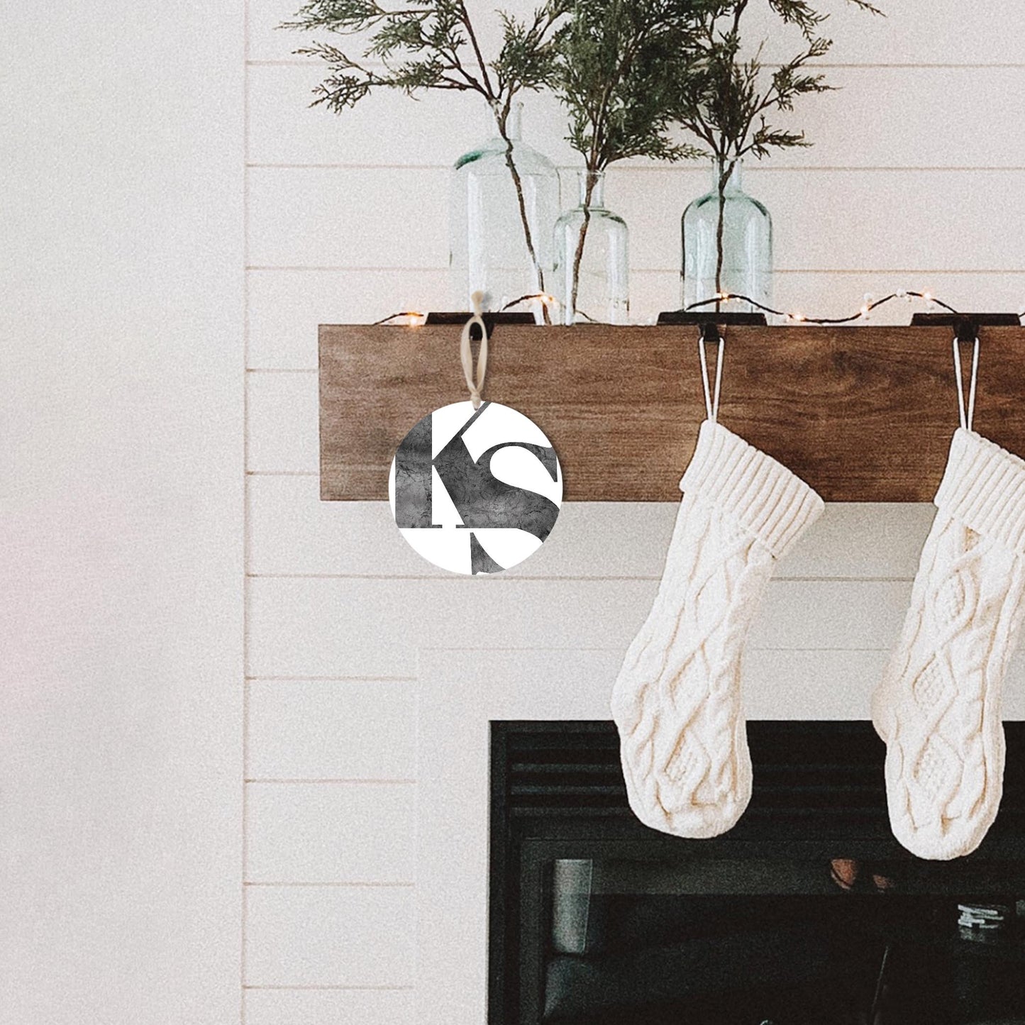 Minimalist B&W Kansas White Initials | Wood Ornament | Eaches | Min 1