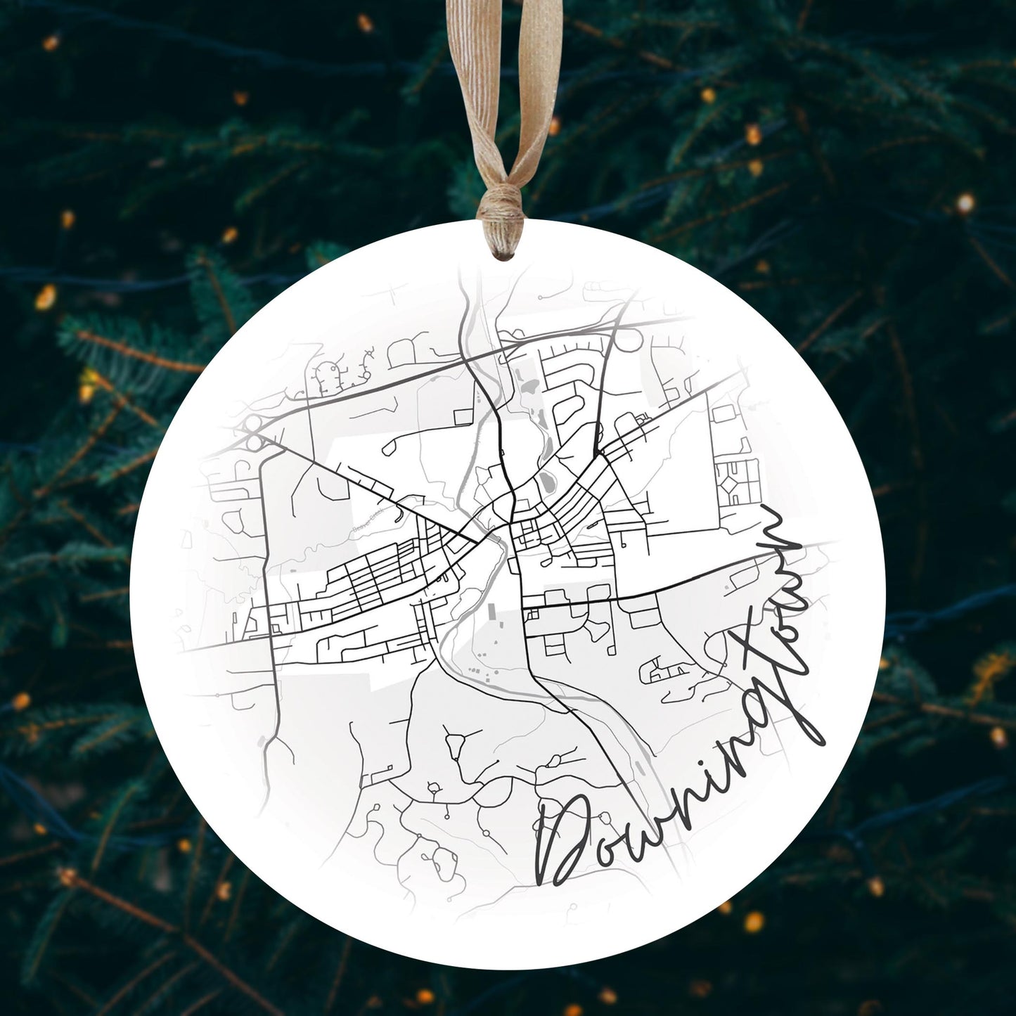 Minimalistic B&W Pennsylvania Downingtown Circle Map | Wood Ornament | Eaches | Min 1