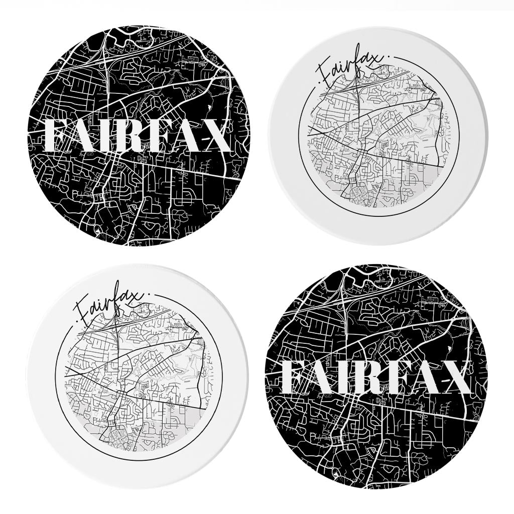 Minimalistic B&W Virginia Fairfax Maps | Absorbent Coasters | Set of 4 | Min 2