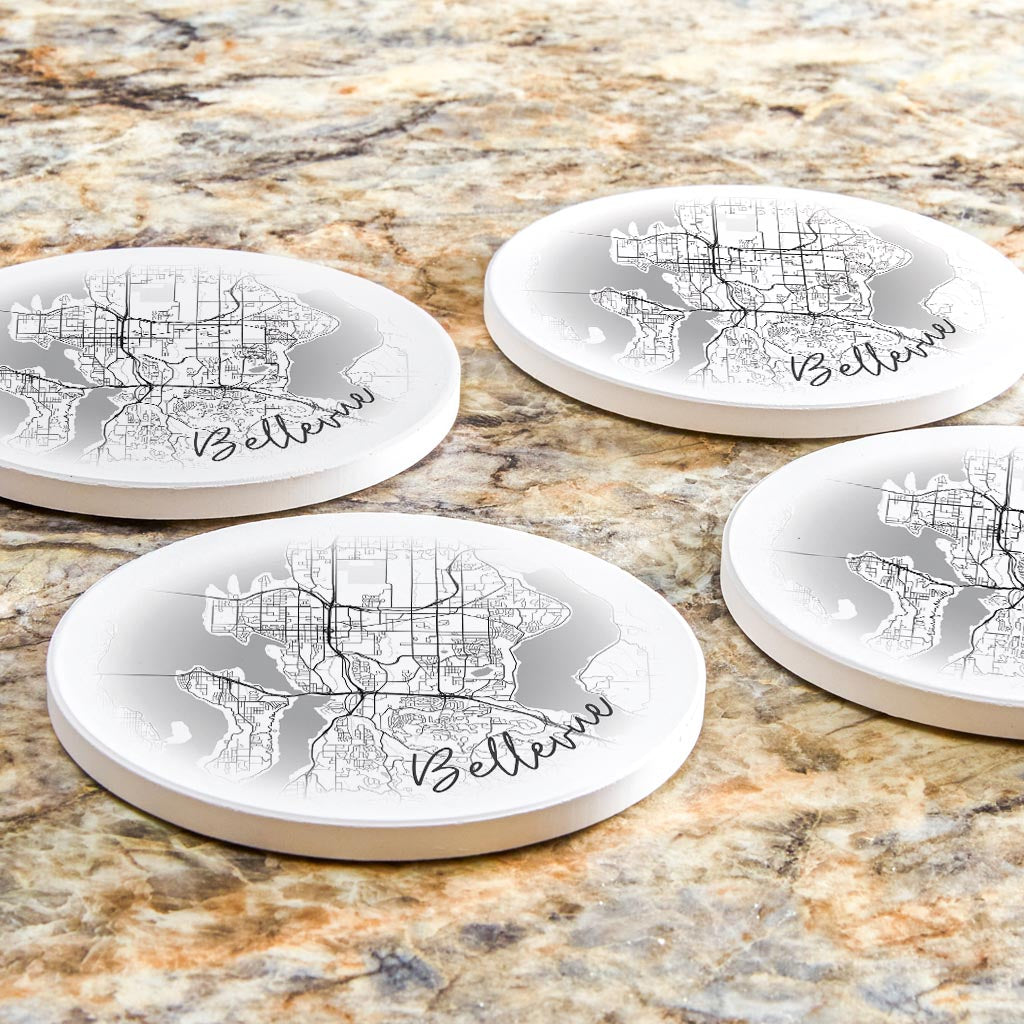 Minimalistic B&W Washington Bellevue Circle Map | Absorbent Coasters | Set of 4 | Min 2