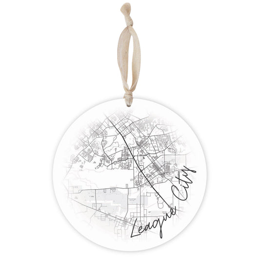 Minimalistic B&W Texas League City Circle Map | Wood Ornament | Eaches | Min 1