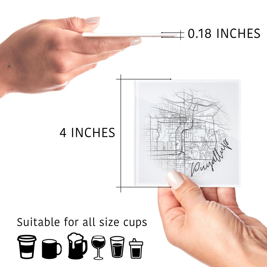 Minimalistic B&W Washington Puyallup Circle Map | Hi-Def Glass Coasters | Set of 4 | Min 2